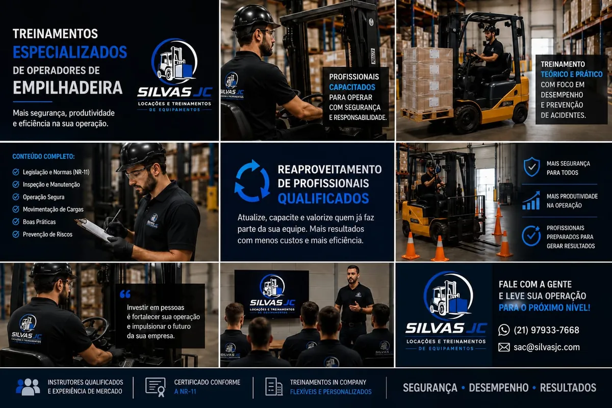 Treinamento de operadores: conteúdo completo com legislação e normas (NR-11), inspeção e manutenção, operação segura, movimentação de cargas, boas práticas e prevenção de riscos; instrutores qualificados, certificado conforme a NR-11 e treinamentos in company